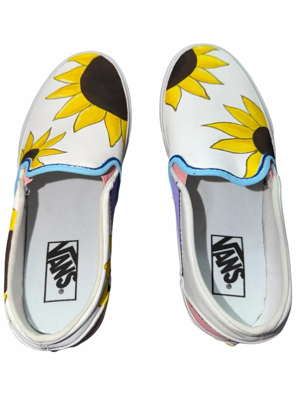 Vans Women’s White Custom Hand Painted Yellow Sunflower Slip-On Shoes 8.5